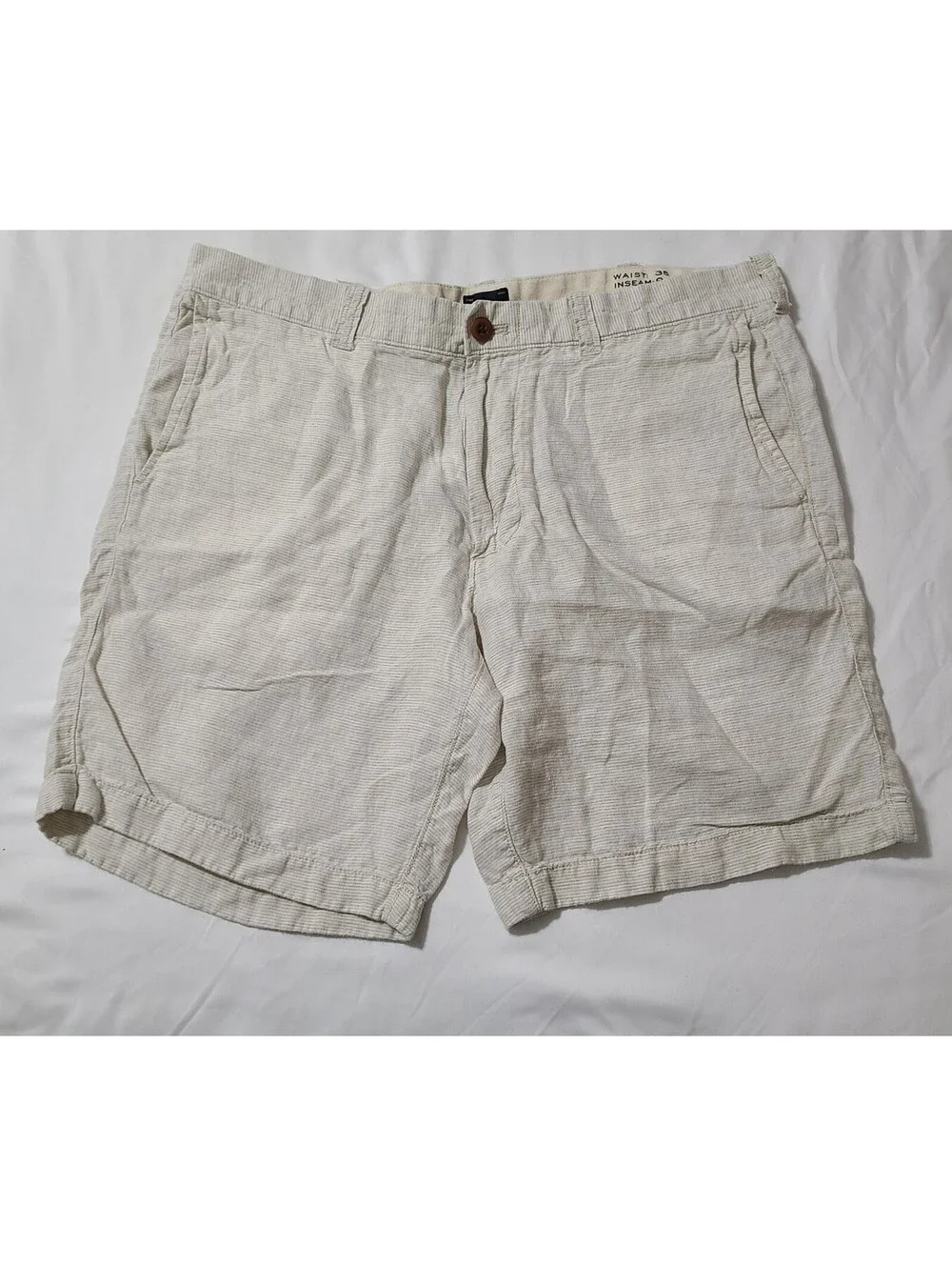 J Crew 100 % Linen Shorts Mens Size 35 Large Ivory Sand Striped Inseam 9